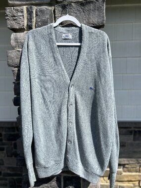 Vintage 80s Izod Lacoste Logo Knit Cardigan Sweater heather grey XL